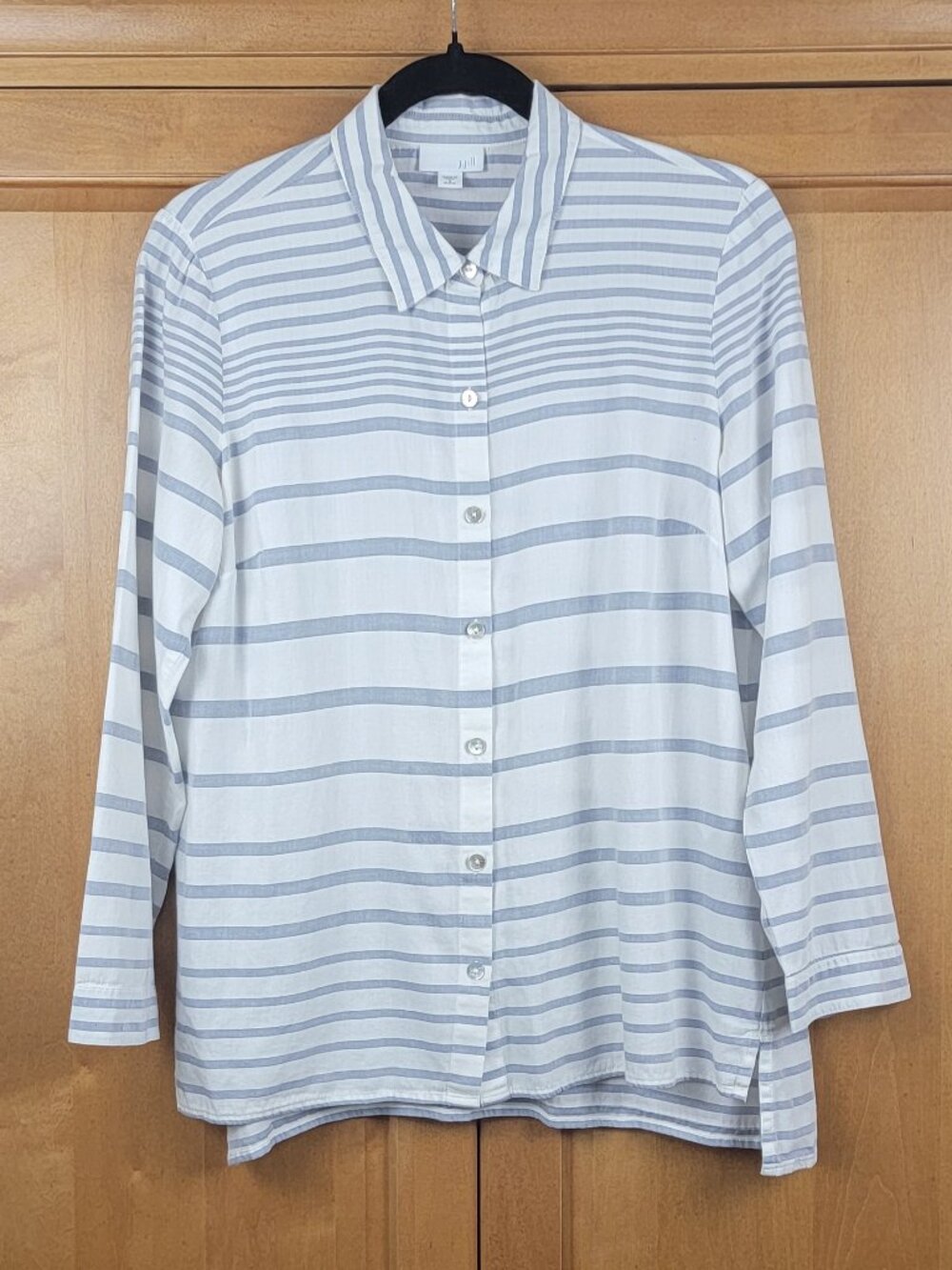 J. Jill Cream Long-Sleeve 100% Cotton Tunic Blouse With Slate Blue Stripes - SP